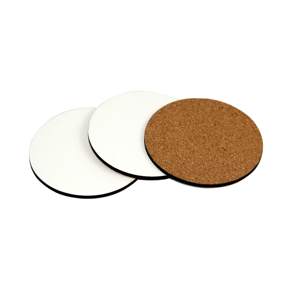 Bulk pack of 200 round MDF coasters for sublimation printing, 9cm size with cork back, ideal for businesses, events, and promotions