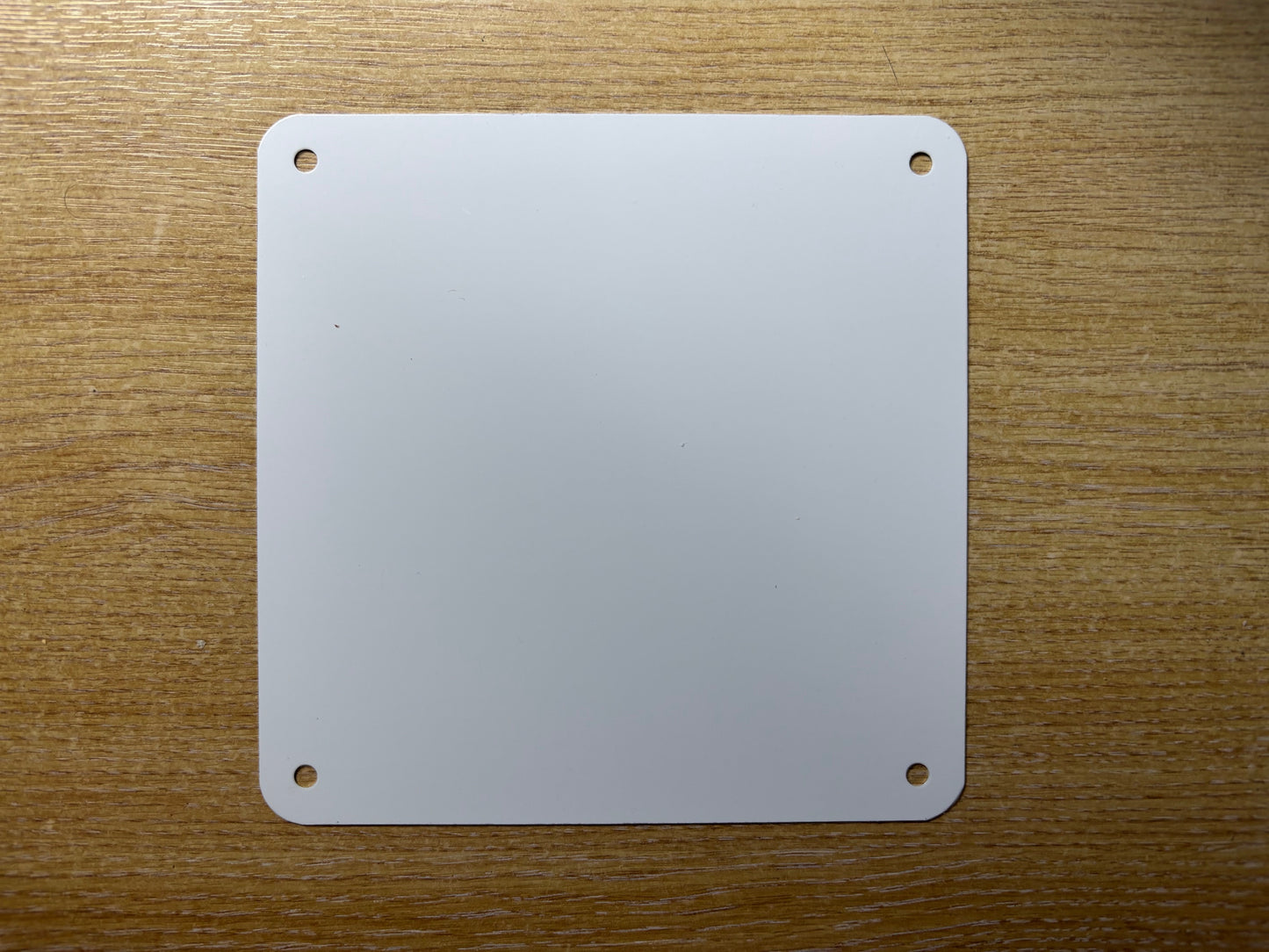 Blank aluminium sublimation sheet 15cm x 15cm with holes, smooth white coating ready for personalised printing