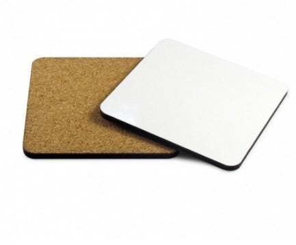 Blank 10cm square MDF sublimation coaster with natural cork back, smooth white surface ready for personalised printing