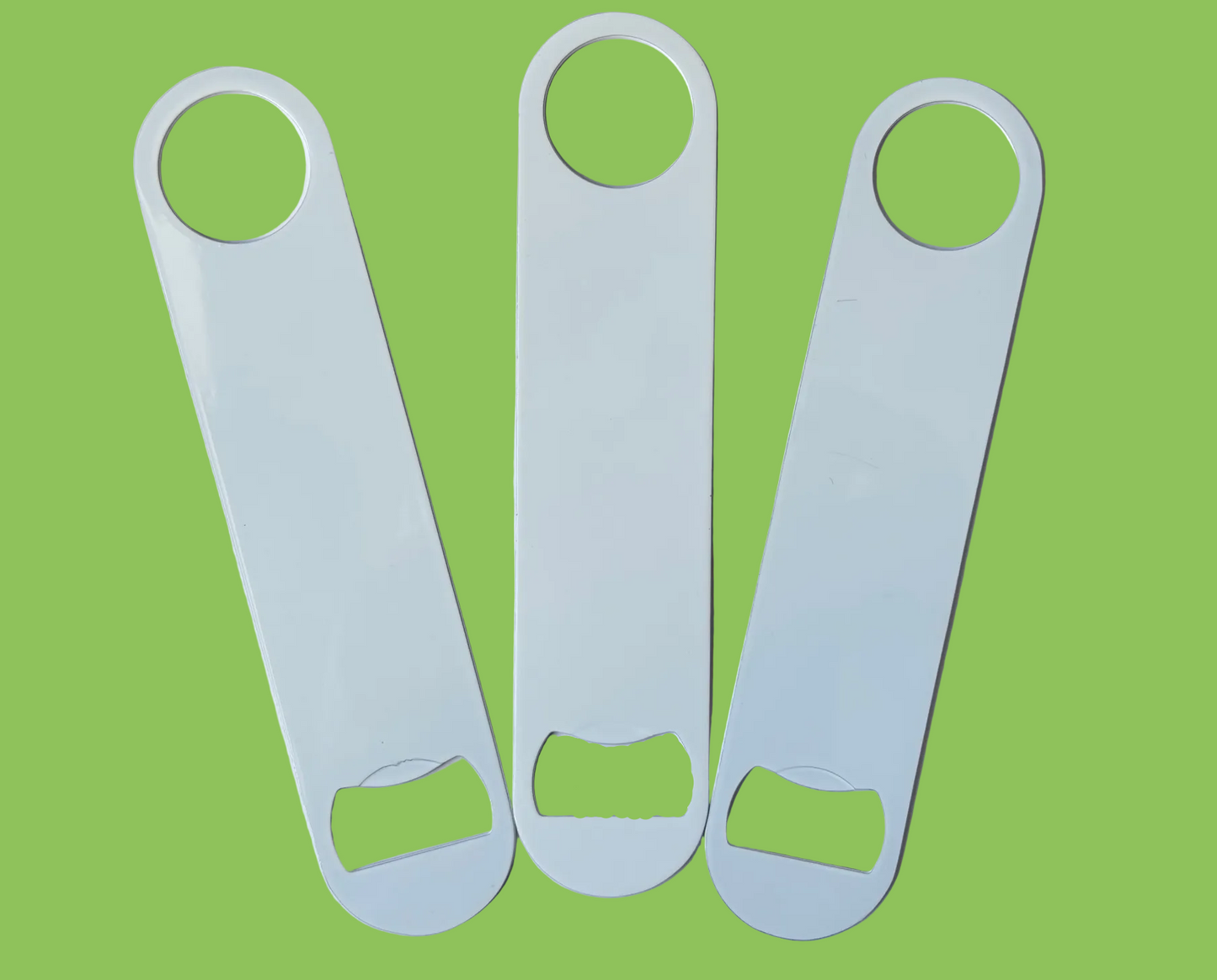 UV Double sided gloss white bar blade bottle opener blank.