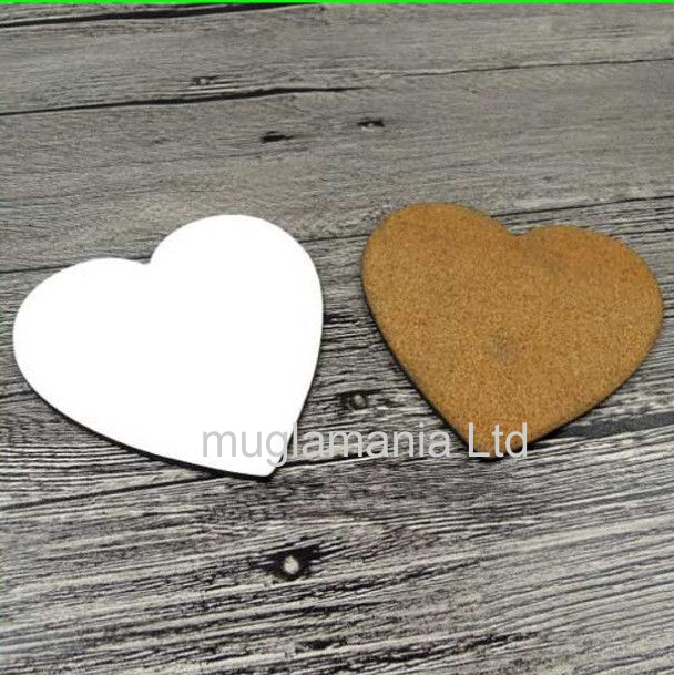 Blank heart shaped MDF sublimation coaster 9cm x 9cm with natural cork back, smooth white surface ready for personalised printing