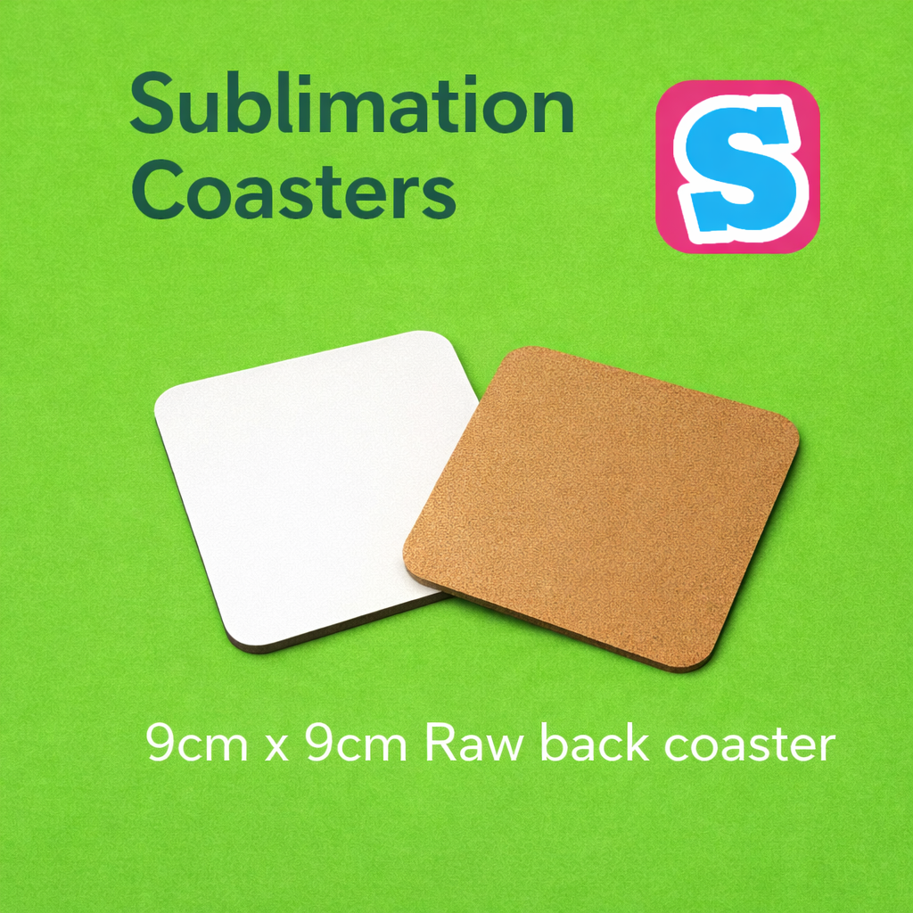 9cm x 9cm square MDF sublimation coaster with cork backing, white printable surface for custom designs
