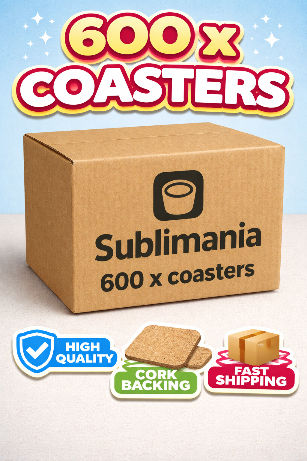 600 pack MDF sublimation square coasters 10cm x 10cm cork backed.