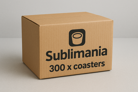 Pack of 300 square MDF sublimation coasters 9.5cm 9.5cm with cork backing, white printable surface for custom designs.