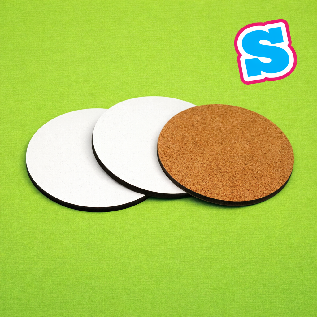 50 blank 9cm round MDF sublimation coasters with natural cork back, smooth white surface ready for personalised printing