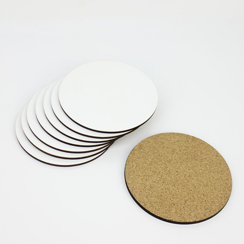 Pack of 50 round MDF sublimation coasters 9cm with cork backing, white printable surface for custom designs
