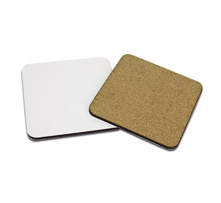 Pack of 50 square MDF sublimation coasters 9cm x 9cm with cork backing, white printable surface for custom designs