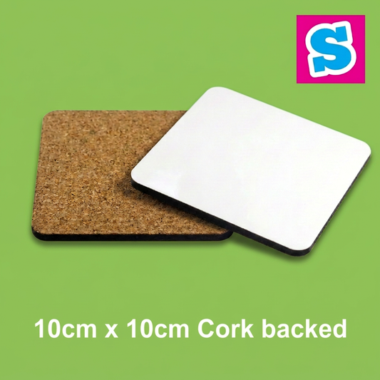 50 x Sublimation Coasters 10cm x 10cm cork backed