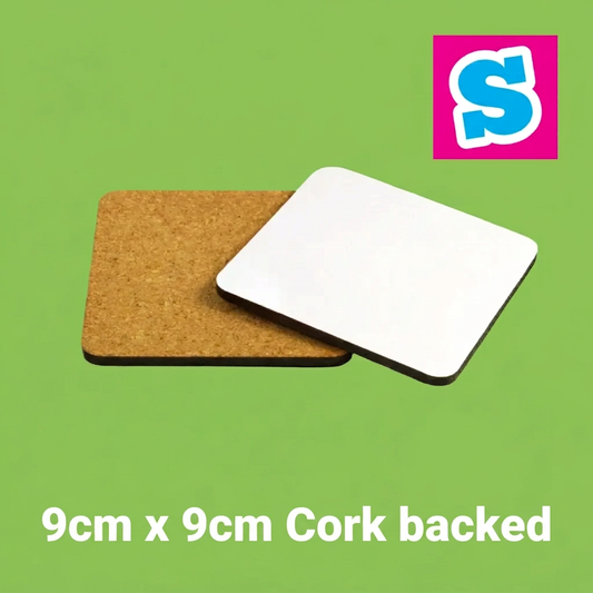 9cm square cork-backed coasters with white size text