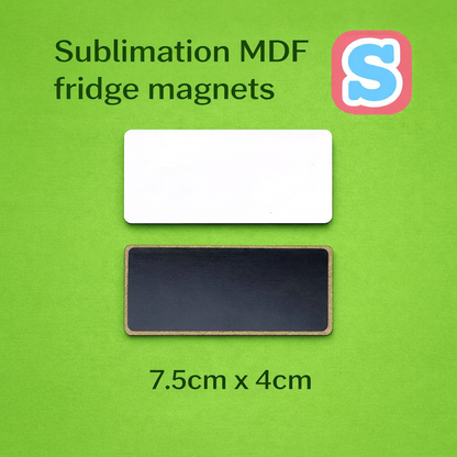 Blank 7.5cm x 4cm MDF sublimation fridge magnet with smooth white coating, ready for personalised printing