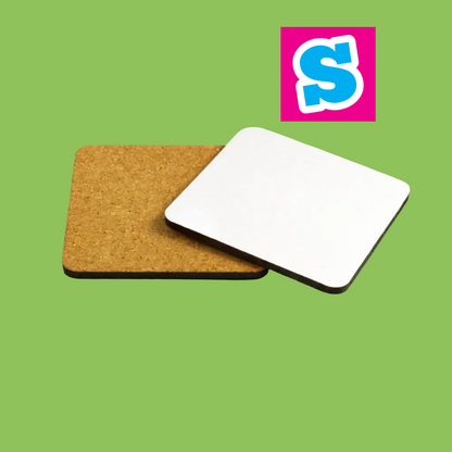 Small pack of 50 square MDF coasters for sublimation printing, 9cm size with cork back, ideal for crafts, gifts, and small businesses.
