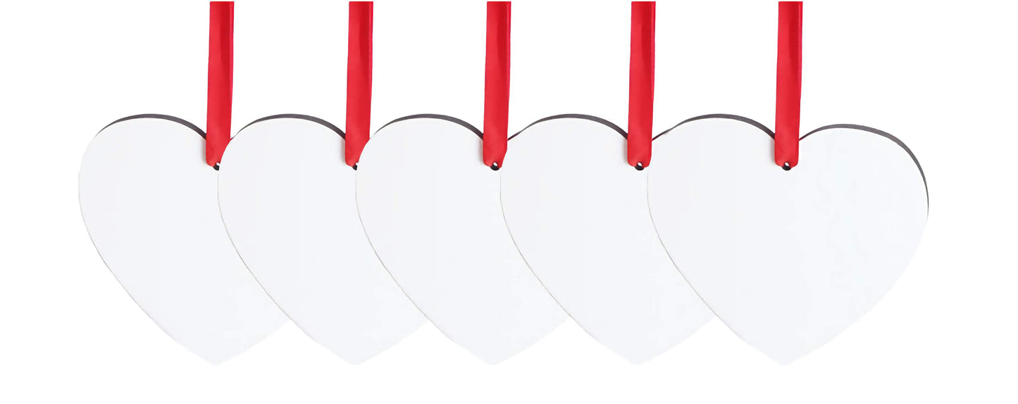 Blank MDF heart Christmas bauble 7.6cm complete with red ribbon, smooth white surface ready for custom designs