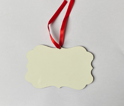 Blank MDF Christmas bauble 11cm wide x 7cm with red ribbon, smooth white surface ready for custom designs