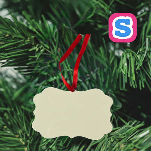 White decorative MDF sublimation Christmas bauble with red ribbon and Sublimania S logo in a festive tree setting