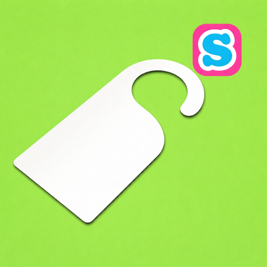 White MDF sublimation door hanger with Sublimania S logo on green background