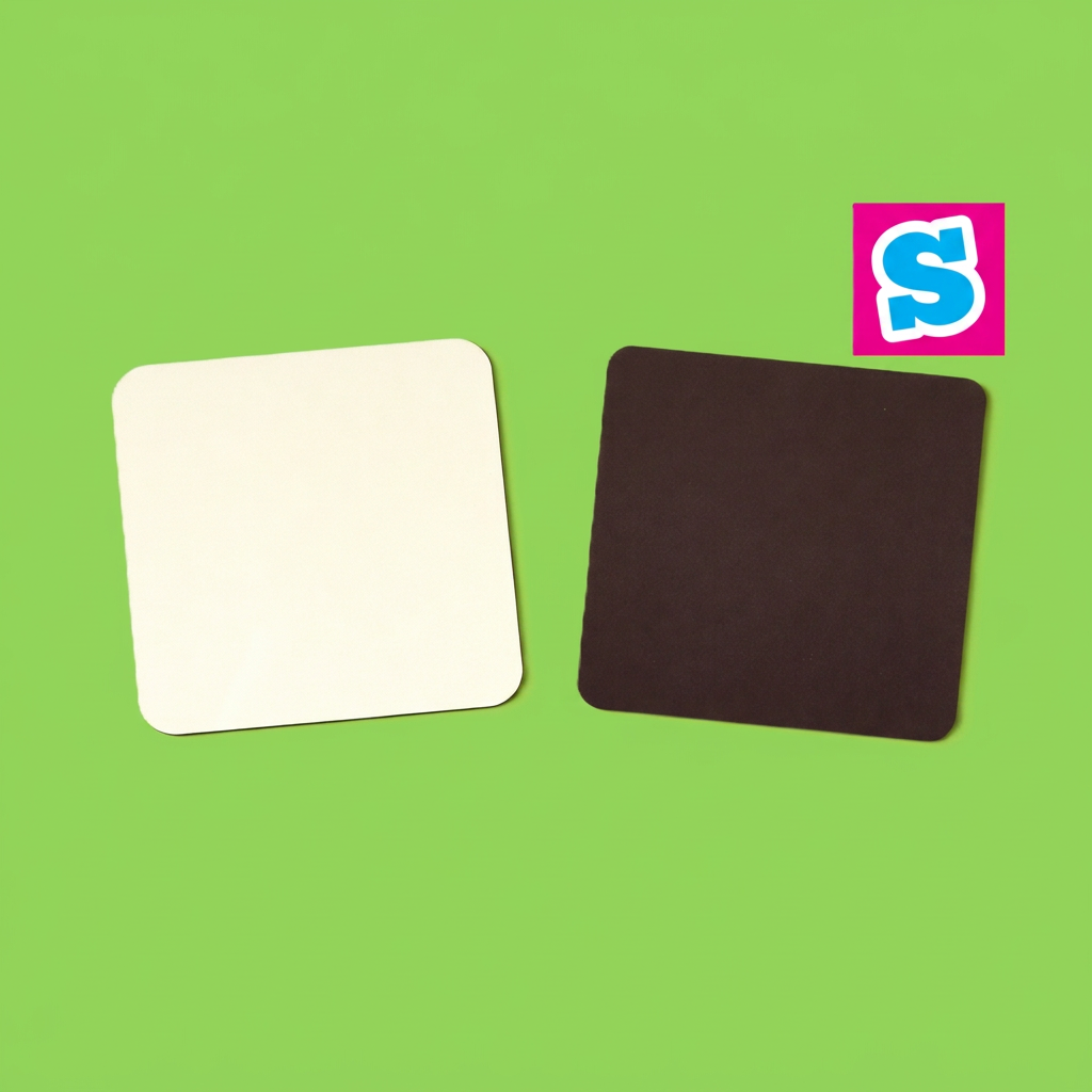 White front and dark brown back of square MDF sublimation fridge magnets with Sublimania S logo on green background