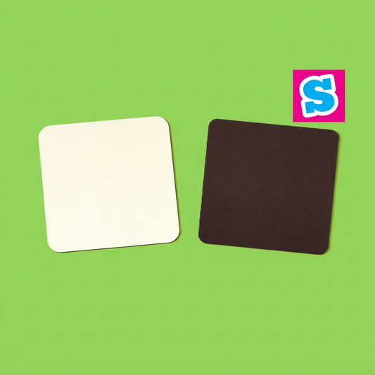 White front and dark brown back of square MDF sublimation fridge magnets with Sublimania S logo on green background