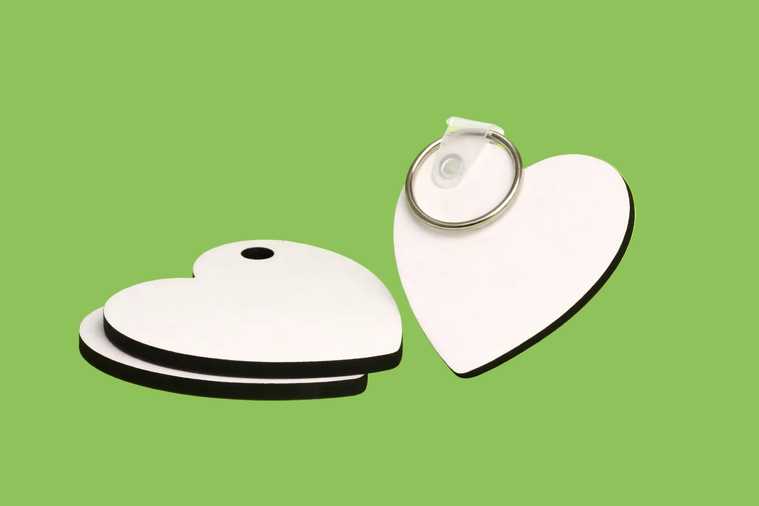 Blank double sided heart MDF sublimation keyring, smooth white surface ready for custom printing