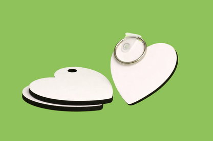 Blank double sided heart MDF sublimation keyring, smooth white surface ready for custom printing