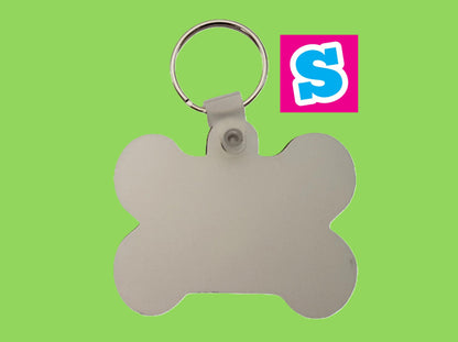 Double sided MDF sublimation pet name tag keyring blank with white printable surface, ideal for personalised pet tags