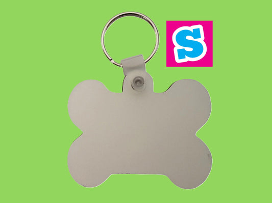 Double sided MDF sublimation pet name tag keyring blank with white printable surface, ideal for personalised pet tags