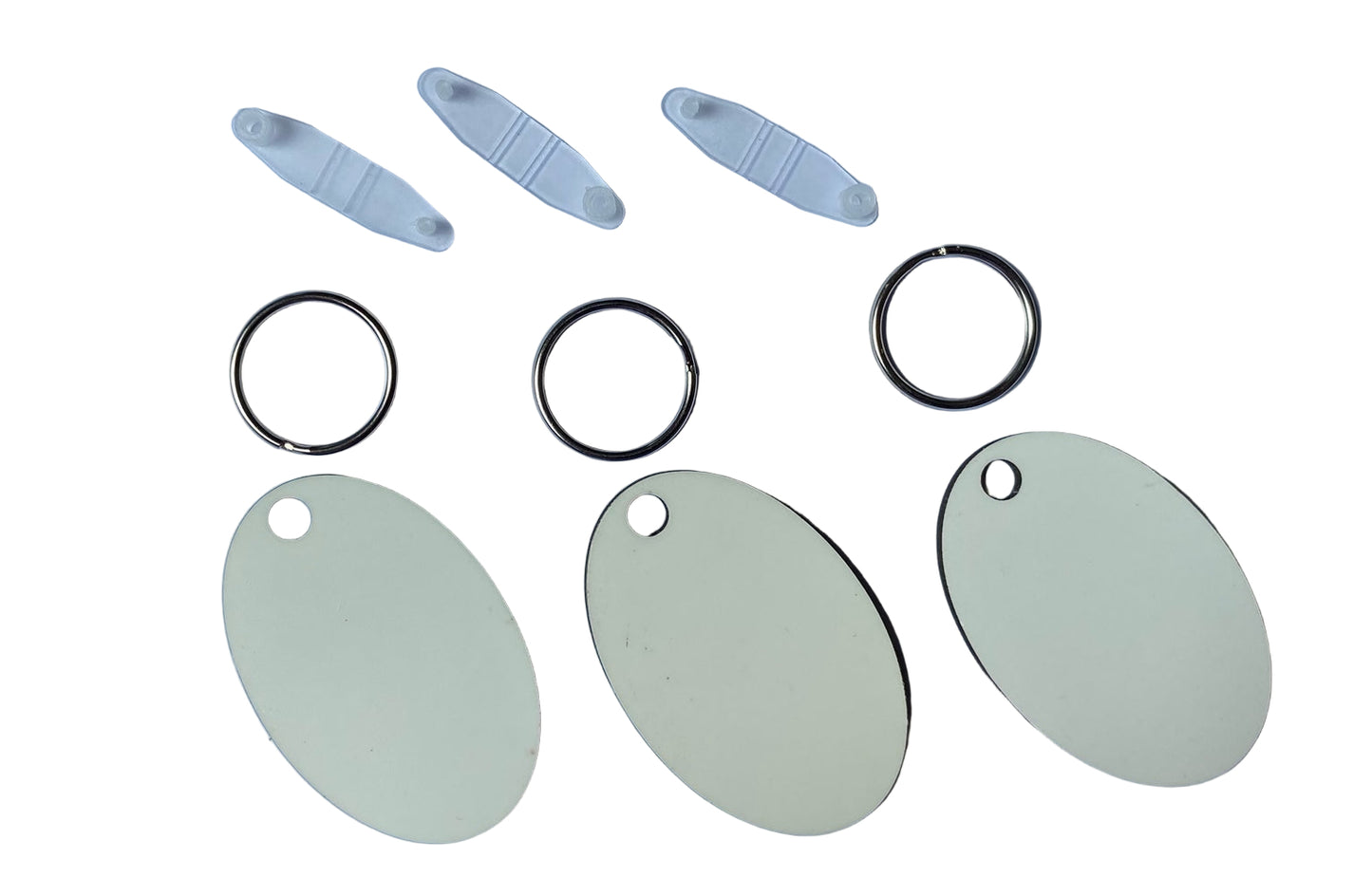 Blank oval MDF keyring for sublimation printing, double sided, 6cm x 4cm, perfect for personalised gifts and crafts.