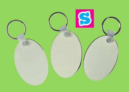 6cm x 4cm oval MDF sublimation keyring blank double sided with white printable surface, ideal for personalised designs