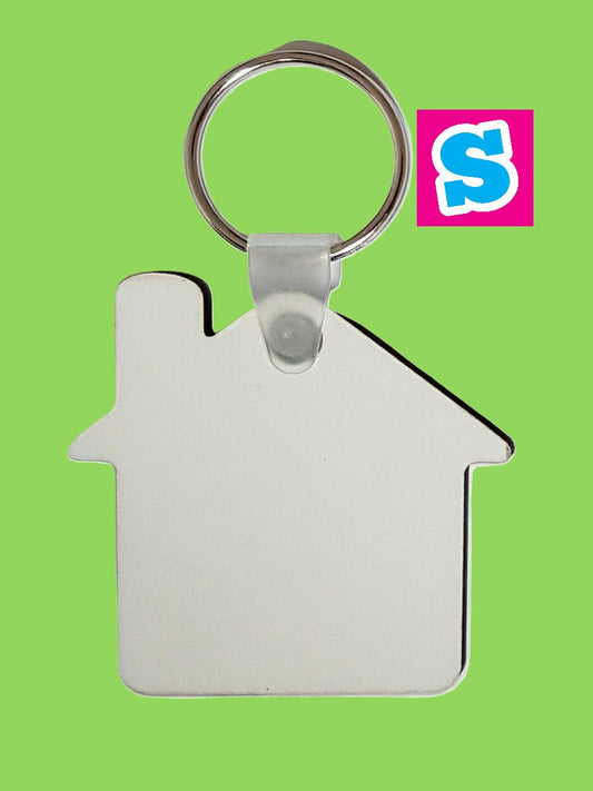 House shaped MDF sublimation keyring blank double sided with white printable surface, ideal for personalised designs