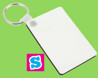 6cm x 4cm rectangular MDF sublimation keyring blank double sided with white printable surface, ideal for personalised designs