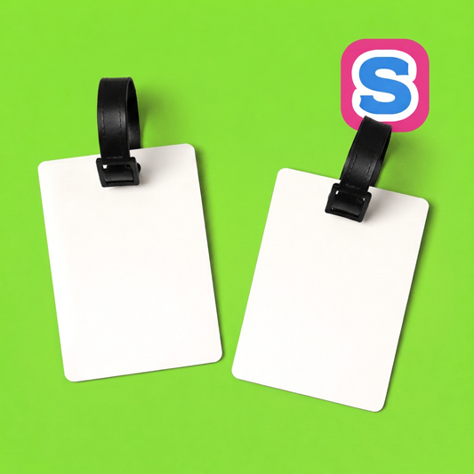 These blank MDF sublimation luggage tags measure 10cm x 7cm and are designed for heat-transfer sublimation printing. Each luggage tag has a double-sided white printable surface,