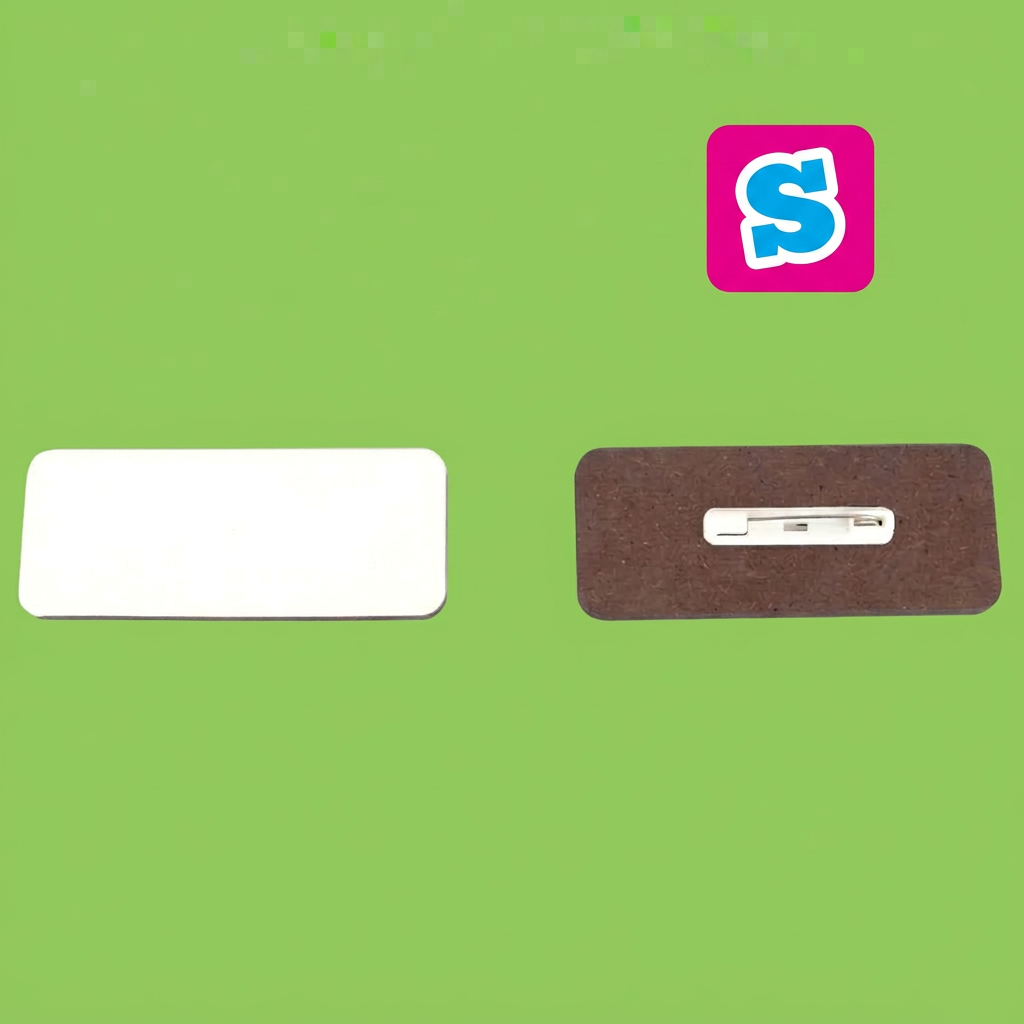 MDF sublimation name badge front and pin back on a square green background with Sublimania S logo