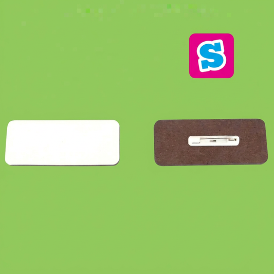 MDF sublimation name badge front and pin back on a square green background with Sublimania S logo