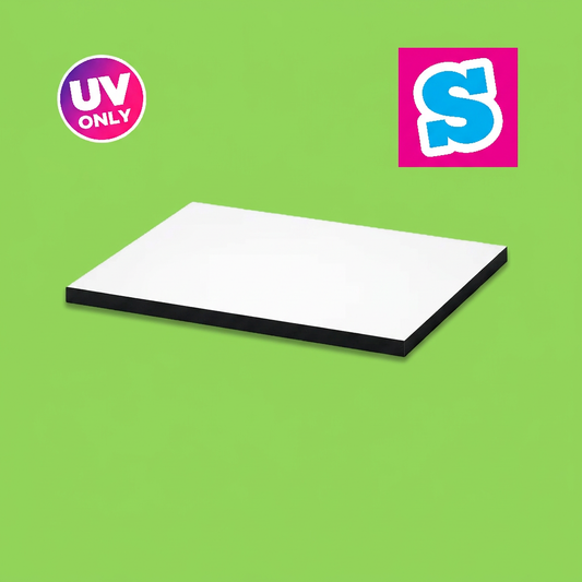 White-faced 5mm MDF UV board, 30.5cm x 45.8cm, on a green background with Sublimania S logo and UV ONLY badge