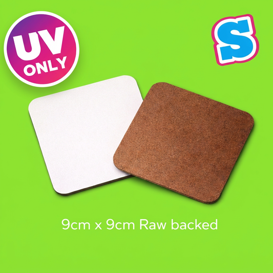 9cm x 9cm raw-backed MDF UV coasters on a bright lime-green background