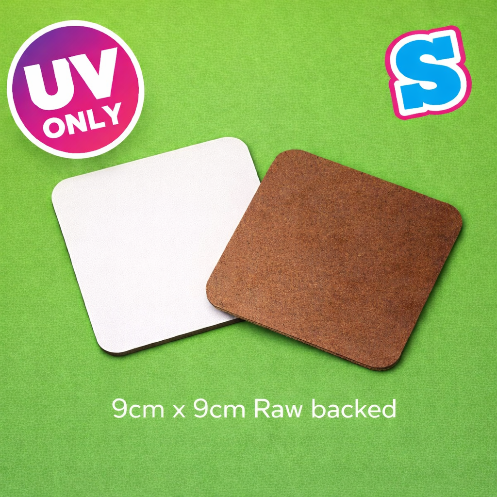 9cm x 9cm square MDF UV printing coaster blank with raw back, smooth white surface ready for custom designs
