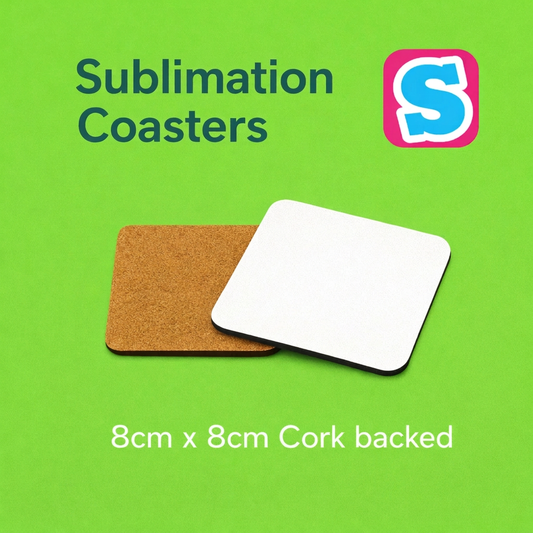 8cm square cork-backed sublimation coasters showing white face and cork reverse on lime green 
