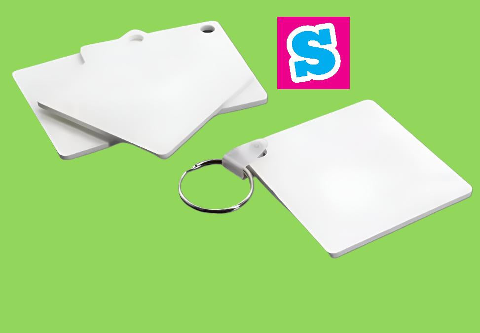 Square polymer sublimation keyring blank with smooth white finish, ideal for custom printing and personalisation