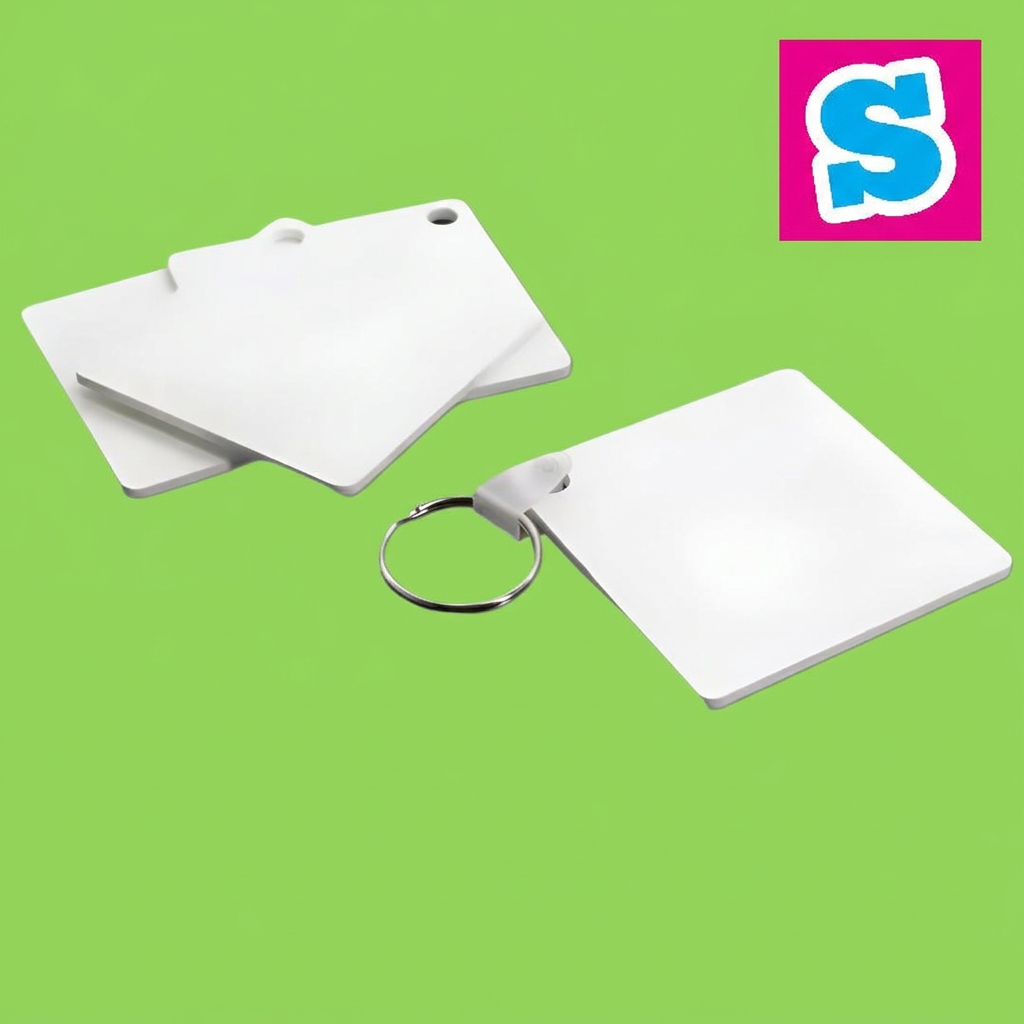 White polymer square sublimation keyring blanks and assembled keyring with Sublimania S logo on green background