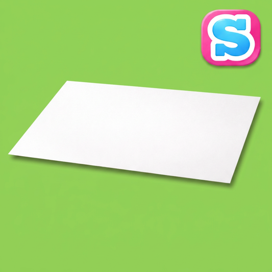 White single-sided sublimation aluminium sheet, 20cm x 15cm without holes, on a green background with Sublimania S logo