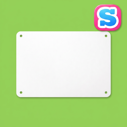 White 20cm x 15cm sublimation aluminium sheet with four corner holes on a green background with Sublimania S logo