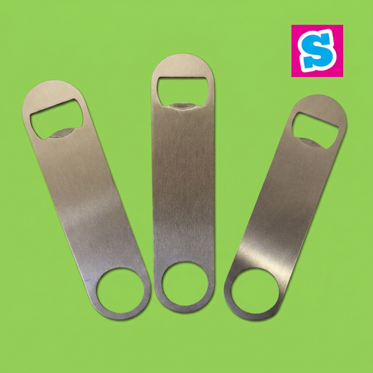 Three brushed silver sublimation bar blade bottle openers on a green background with the Sublimania S logo