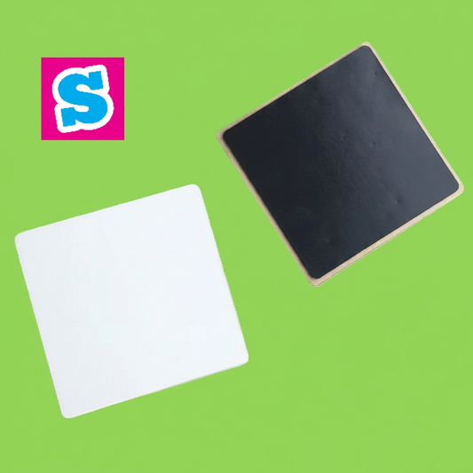 Square MDF sublimation fridge magnets 5cm x 5cm showing white face and dark magnetic back on a square green background