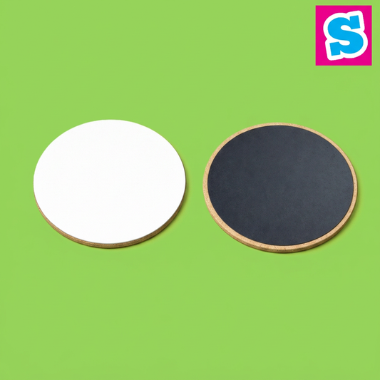 Round MDF sublimation fridge magnets 5.5cm showing white face and dark magnetic back on a square green background