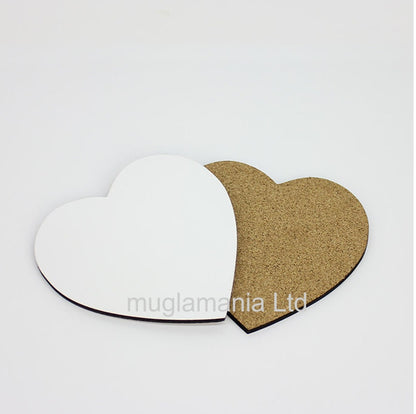 200 x MDF Sublimation Heart Coasters 9cm x 9cm cork backed