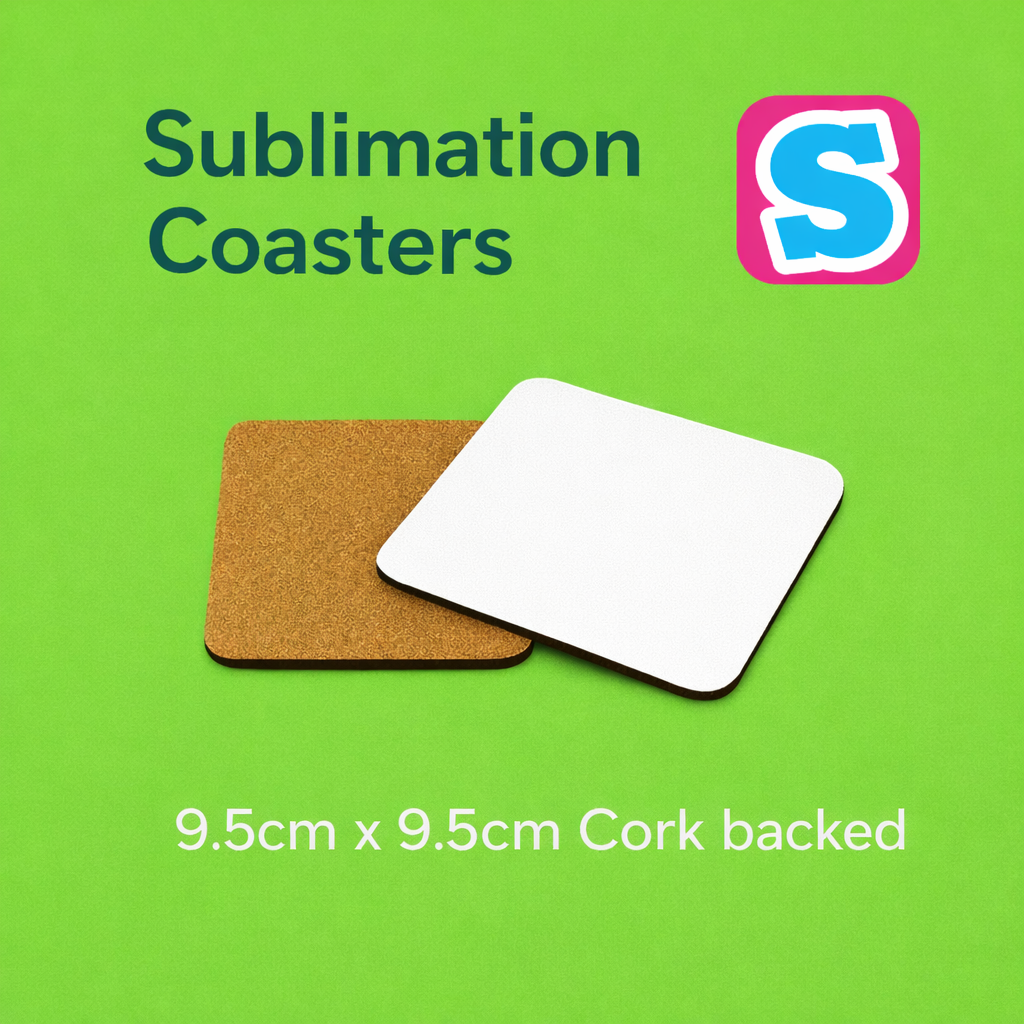 9.5cm x 9.5cm square MDF sublimation coaster with cork backing, white printable surface for custom designs