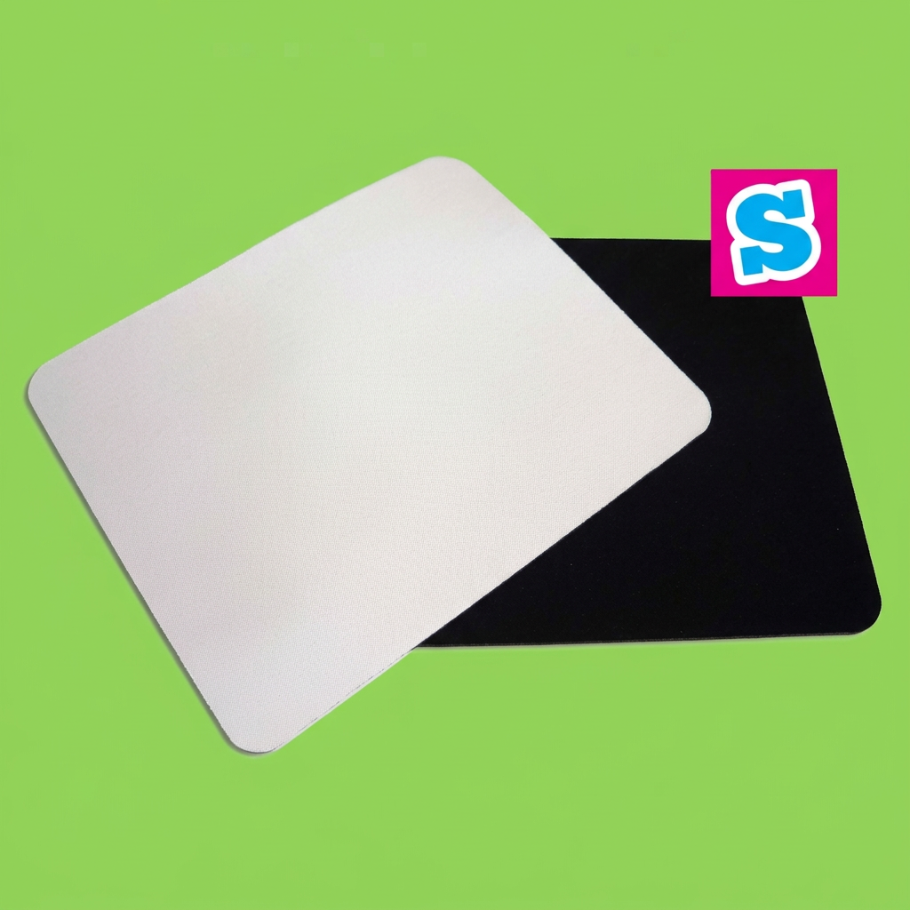 Sublimation mouse mat white printable face and black reverse, 24cm x 20cm, on a green background with Sublimania S logo
