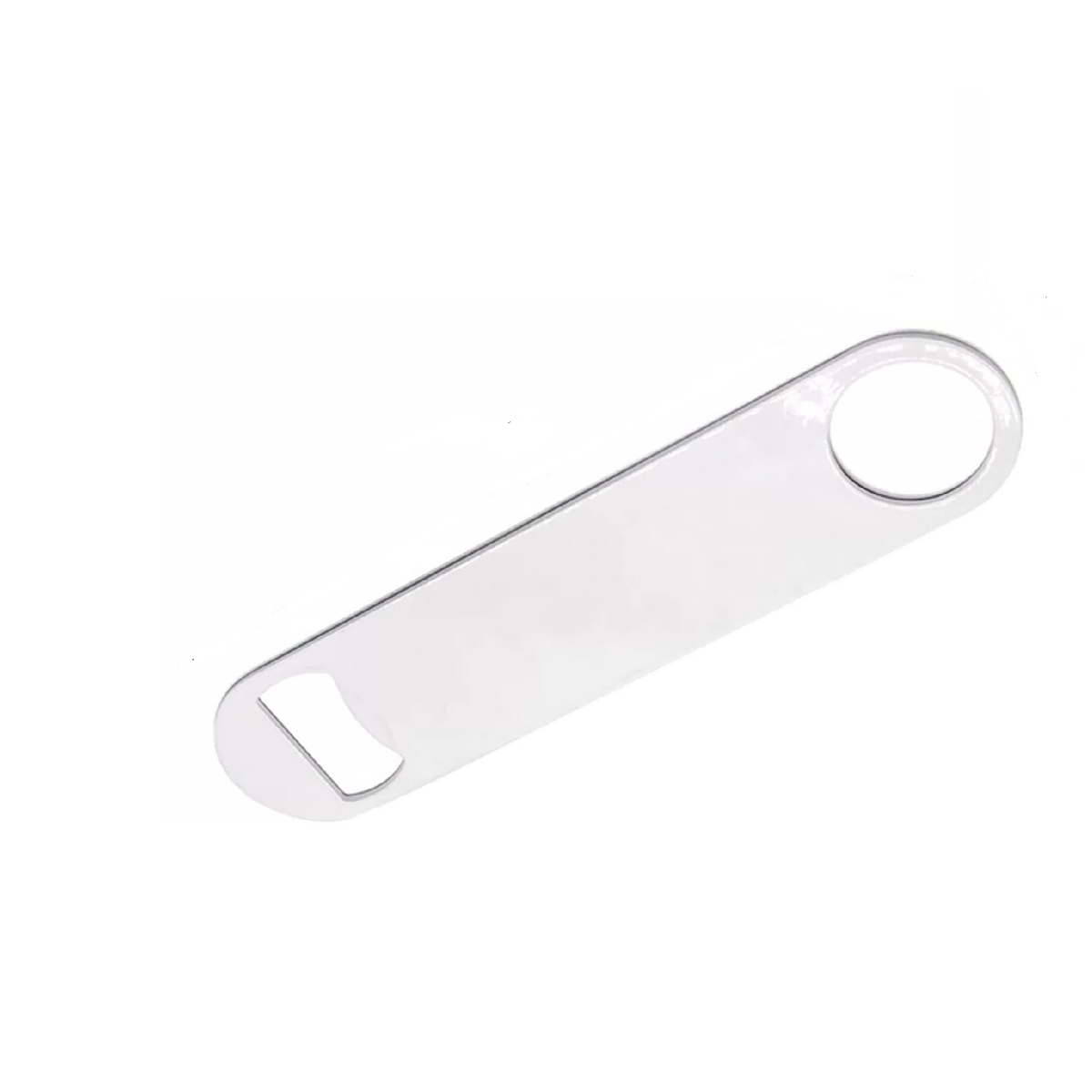 Sublimation bottle opener tool with a rounded rectangular body, a circular hole at one end, and a cut out at the other, shown on a plain white gloss background.