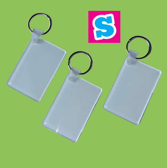 Blank acrylic sublimation keyring with white printable surface, perfect for personalised gifts, photos, and logo printing