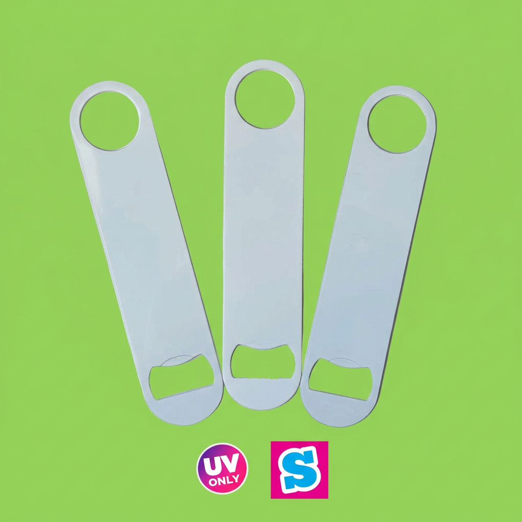 White UV bar blade bottle openers on a green background with Sublimania S logo and UV ONLY badge