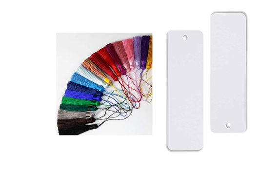 150 x Sublimation Aluminium Bookmark Double Sided 15.8cm x 3.8cm assorted tassels